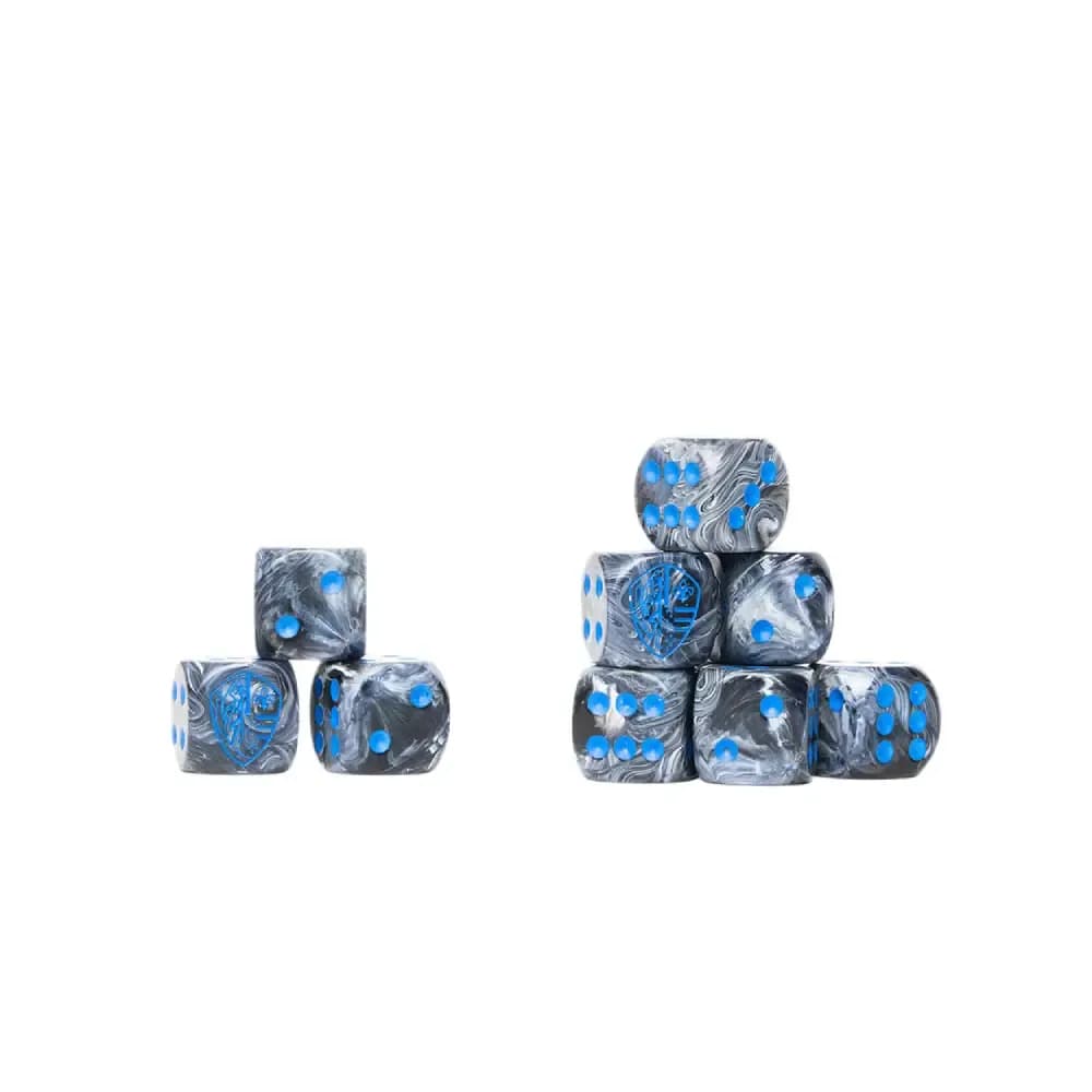 Conquest – Hundred Kingdoms Logo on Steel Marbled Dice