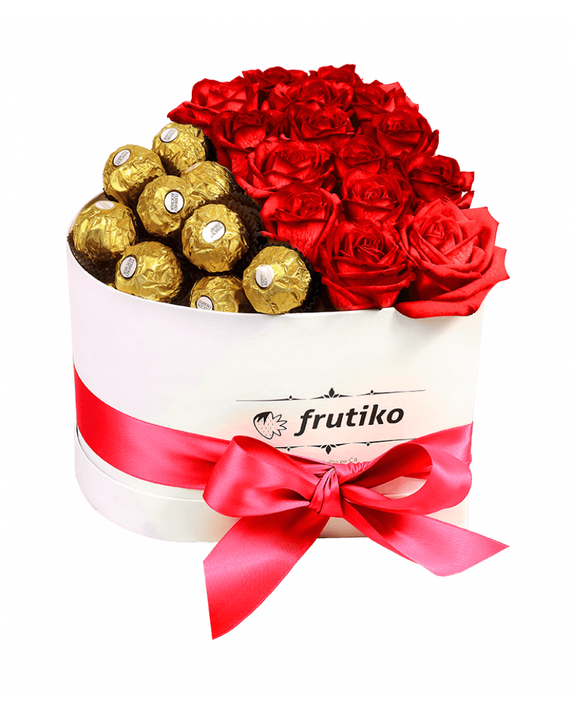 Bílé srdce rudé růže + Ferrero Rocher