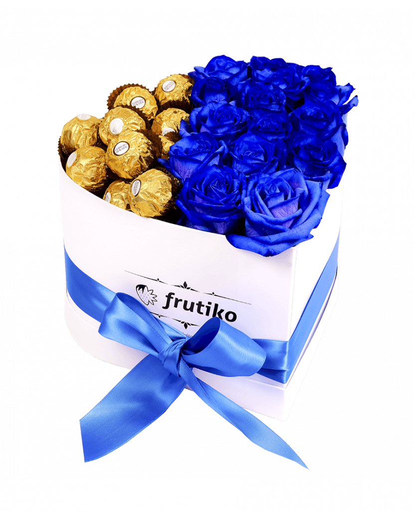 Bílé srdce Modré růže + Ferrero Rocher