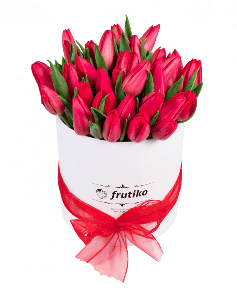 Kulatá krabice s červenými tulipány